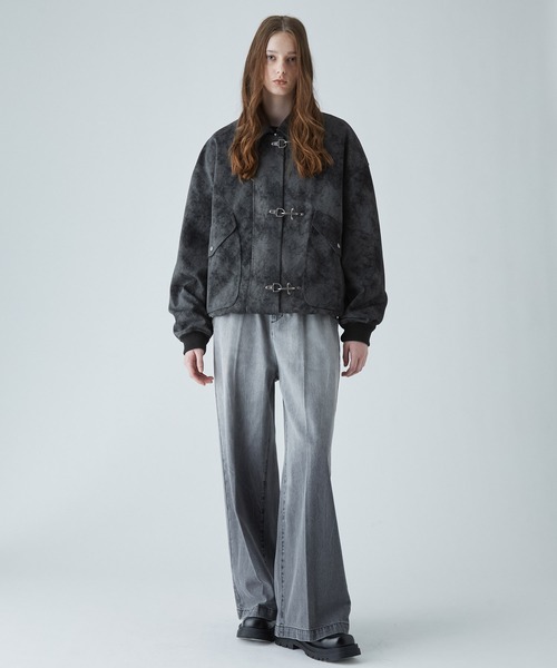 euro 古着 ファイヤーマンジャケット ワーク 中綿 グレー ショートブルゾン LAFODEX PVCポケット 企業ロゴ入り 切り替えデザイン ユーロワーク