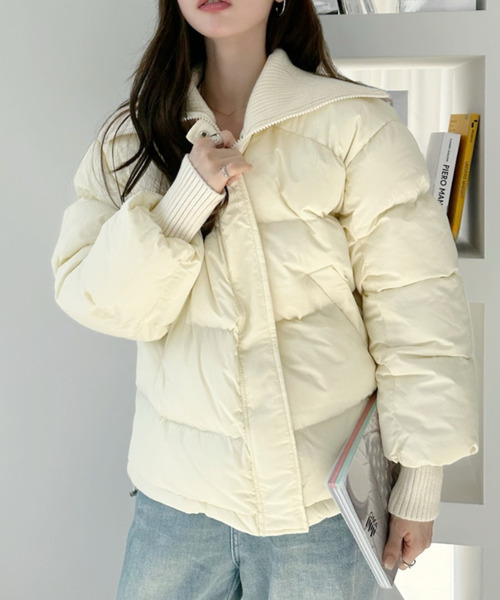 クリーム色 ショート丈ダウンジャケット セール】ビッグリブカラー ショート丈 ダウンジャケット（ダウン