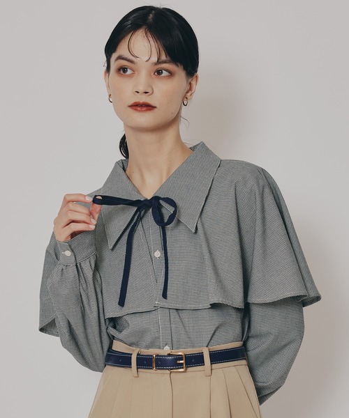 REDYAZEL（レディアゼル）の「ケープライクグレンチェックリボンタイブラウス（シャツ/ブラウス・レディース・ホワイト系その他/ベージュ系その他/ブラウン系その他/ブラック・FREE）」の2枚目の写真