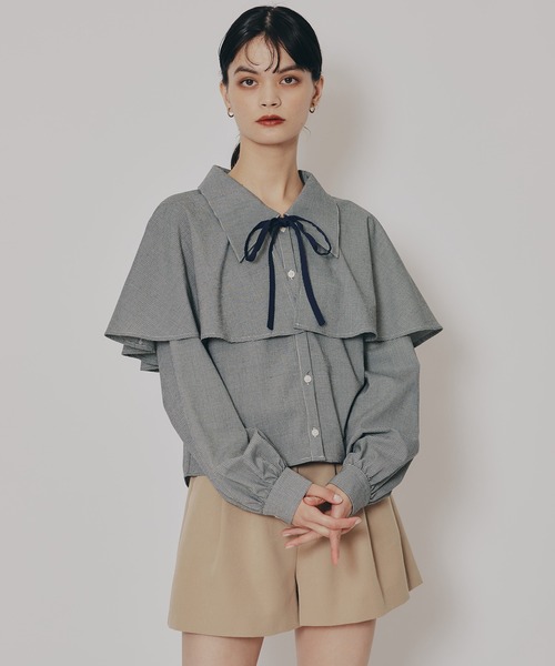 REDYAZEL（レディアゼル）の「ケープライクグレンチェックリボンタイブラウス（シャツ/ブラウス・レディース・ホワイト系その他/ベージュ系その他/ブラウン系その他/ブラック・FREE）」の7枚目の写真