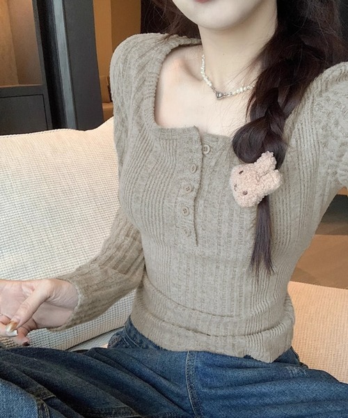 HALEY PESCA（ヘーリーペスカ）の「HALEY PESCA/ヘンリーネック　シンプルリブカットソー（Tシャツ/カットソー・レディース・ピンク/ネイビー/ベージュ/ブラック・MEDIUM/SMALL）」の3枚目の写真