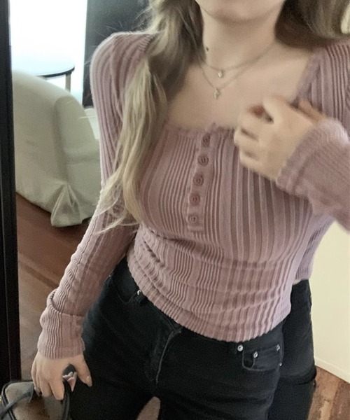 HALEY PESCA（ヘーリーペスカ）の「HALEY PESCA/ヘンリーネック　シンプルリブカットソー（Tシャツ/カットソー・レディース・ピンク/ネイビー/ベージュ/ブラック・MEDIUM/SMALL）」の4枚目の写真