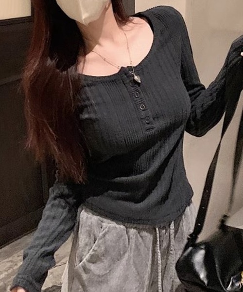 HALEY PESCA（ヘーリーペスカ）の「HALEY PESCA/ヘンリーネック　シンプルリブカットソー（Tシャツ/カットソー・レディース・ピンク/ネイビー/ベージュ/ブラック・MEDIUM/SMALL）」の5枚目の写真