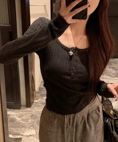 HALEY PESCA（ヘーリーペスカ）の「HALEY PESCA/ヘンリーネック　シンプルリブカットソー（Tシャツ/カットソー・レディース・ピンク/ネイビー/ベージュ/ブラック・MEDIUM/SMALL）」の7枚目の写真