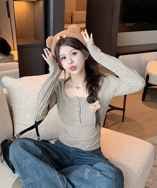 HALEY PESCA（ヘーリーペスカ）の「HALEY PESCA/ヘンリーネック　シンプルリブカットソー（Tシャツ/カットソー・レディース・ピンク/ネイビー/ベージュ/ブラック・MEDIUM/SMALL）」の13枚目の写真