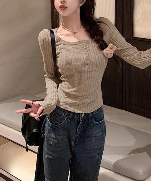 HALEY PESCA（ヘーリーペスカ）の「HALEY PESCA/ヘンリーネック　シンプルリブカットソー（Tシャツ/カットソー・レディース・ピンク/ネイビー/ベージュ/ブラック・MEDIUM/SMALL）」の15枚目の写真