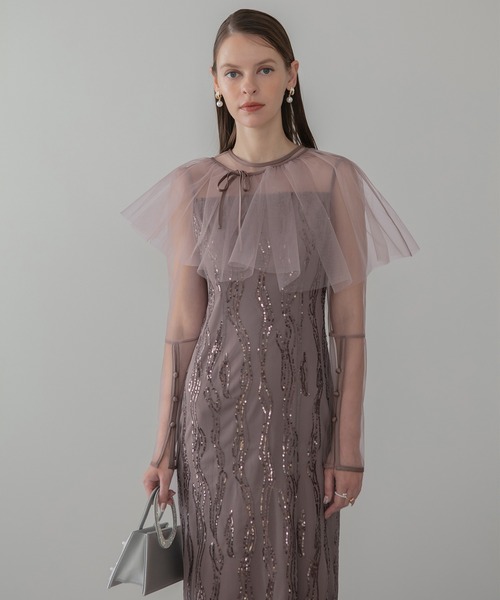 Leja パーティードレス　サイズS LEJA】シアーケープスパンコールIラインワンピースドレスワンピース