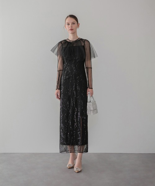 LEJA】シアーケープスパンコールIラインワンピースドレスワンピース