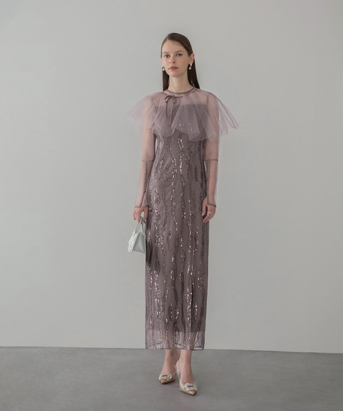 Lejaオケージョン ドレス LEJA】シアーケープスパンコールIラインワンピースドレスワンピース