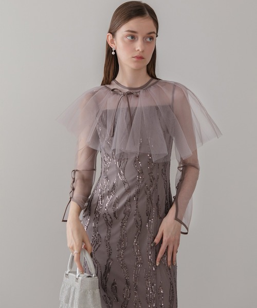 Leja(レジャ)の「【LEJA】シアーケープスパンコールIラインワンピースドレスワンピースセットアップ2点セット 美脚効果結婚式 パーティードレス 成人式 二次会 同窓会 お呼ばれ オケージョン 20代 30代(ドレス・レディース・ブラック/パープル・SMALL/MEDIUM)」の9枚目の写真