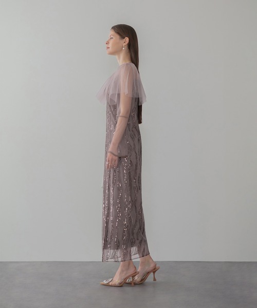 Leja(レジャ)の「【LEJA】シアーケープスパンコールIラインワンピースドレスワンピースセットアップ2点セット 美脚効果結婚式 パーティードレス 成人式 二次会 同窓会 お呼ばれ オケージョン 20代 30代(ドレス・レディース・ブラック/パープル・SMALL/MEDIUM)」の5枚目の写真