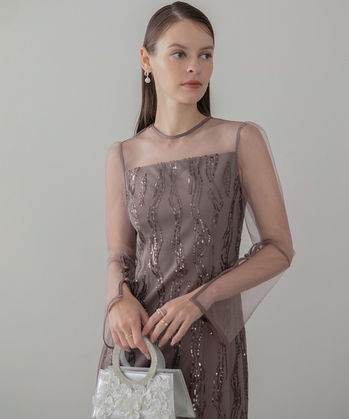 シアーケープスパンコールIラインワンピースドレス結婚式二次会成人式パーティー LEJA】シアーケープスパンコールIラインワンピースドレスワンピース