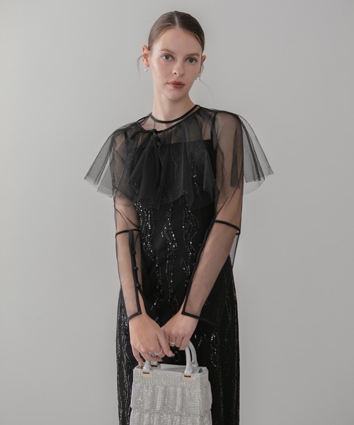 シアーケープスパンコールIラインワンピースドレス結婚式二次会成人式パーティー LEJA】シアーケープスパンコールIラインワンピースドレスワンピース