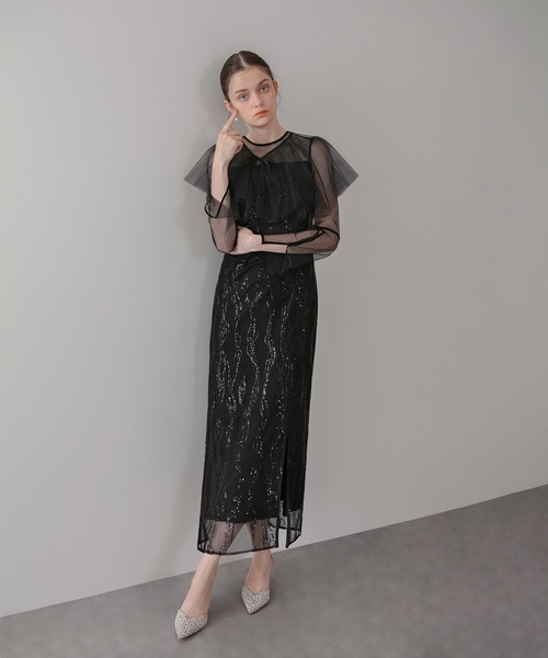 Leja(レジャ)の「【LEJA】シアーケープスパンコールIラインワンピースドレスワンピースセットアップ2点セット 美脚効果結婚式 パーティードレス 成人式 二次会 同窓会 お呼ばれ オケージョン 20代 30代(ドレス・レディース・ブラック/パープル・SMALL/MEDIUM)」の12枚目の写真
