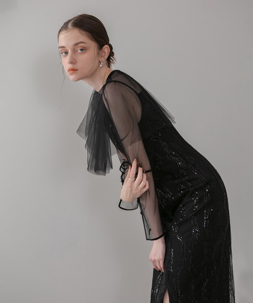 LEJA】シアーケープスパンコールIラインワンピースドレスワンピース