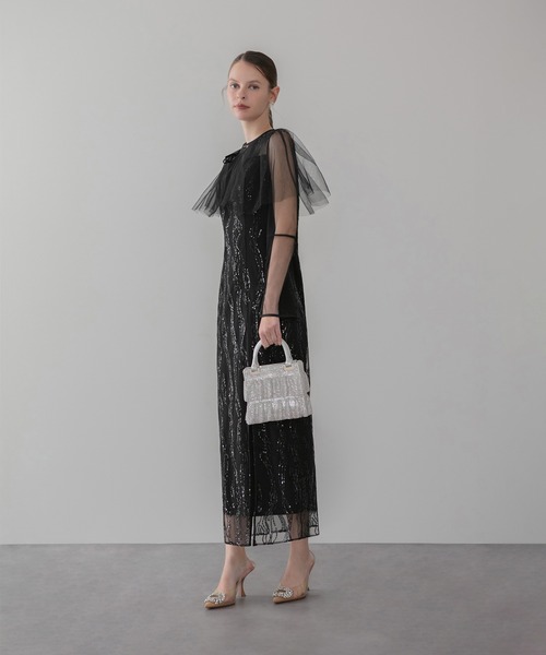 LEJA】シアーケープスパンコールIラインワンピースドレスワンピース