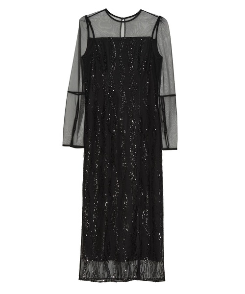 LEJA】シアーケープスパンコールIラインワンピースドレスワンピース