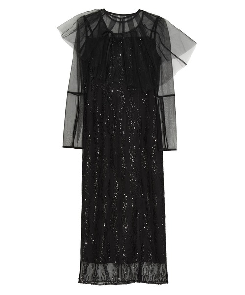 LEJA】シアーケープスパンコールIラインワンピースドレスワンピース