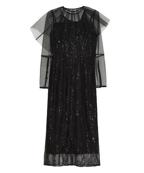 セール】【LEJA】シアーケープスパンコールIラインワンピースドレス