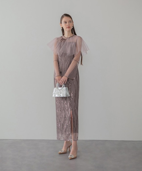 LEJA】シアーケープスパンコールIラインワンピースドレスワンピース