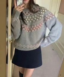 ふわもこ北欧フラワーニットプルオーバー/球心フラワー柄ふわふわニットトップス