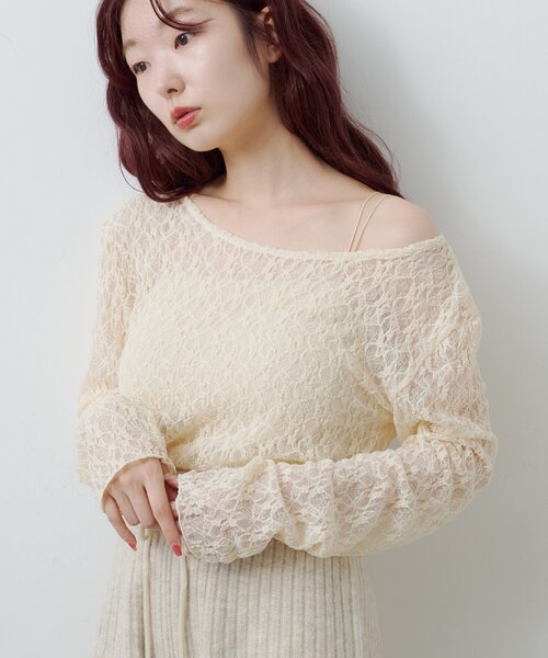 Kastane(カスタネ)の「レースシアートップス(Tシャツ/カットソー・レディース・チャコールグレー/アイボリー/ピンク・FREE)」の6枚目の写真