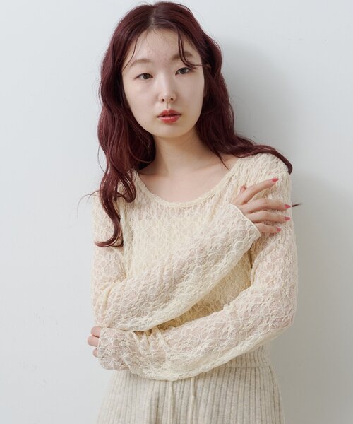 Kastane(カスタネ)の「レースシアートップス(Tシャツ/カットソー・レディース・チャコールグレー/アイボリー/ピンク・FREE)」の8枚目の写真