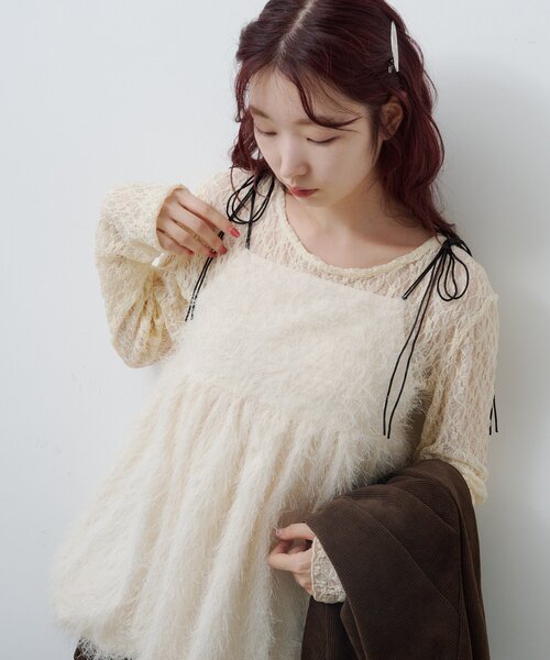 Kastane(カスタネ)の「レースシアートップス(Tシャツ/カットソー・レディース・チャコールグレー/アイボリー/ピンク・FREE)」の12枚目の写真