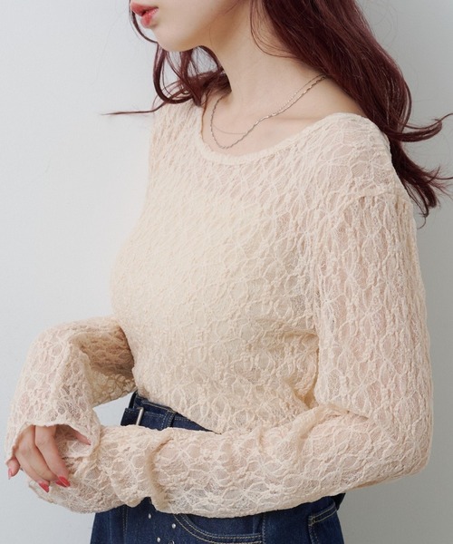 Kastane(カスタネ)の「レースシアートップス(Tシャツ/カットソー・レディース・チャコールグレー/アイボリー/ピンク・FREE)」の3枚目の写真