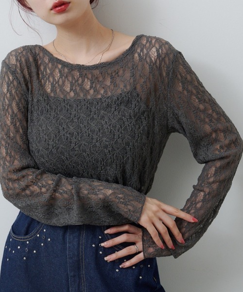 Kastane(カスタネ)の「レースシアートップス(Tシャツ/カットソー・レディース・チャコールグレー/アイボリー/ピンク・FREE)」の2枚目の写真