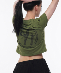 ダブルラインスタックロゴクロップTシャツオリーブグリーン