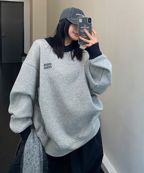 Dalfwin(ダールフィン)の「韓国ファッション OISIS刺繍ロゴ配色リブスウェット(スウェット・レディース・ブラック/グレー・FREE)」の4枚目の写真
