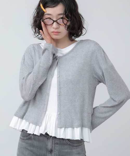 HEILIS（ヘイリス）の「シアーリブメランジカットカーディガン / トップス カーディガン コンパクト 羽織り リネン混 長袖 ショート丈 オフィスカジュアル 紫外線対策 日焼け対策 冷房対策 グレー アイボリー オフホワイト ブルー 春服 秋服 夏服 韓国 シアー（カーディガン/ボレロ・レディース・ブルー/グレー/オフホワイト・FREE）」の3枚目の写真