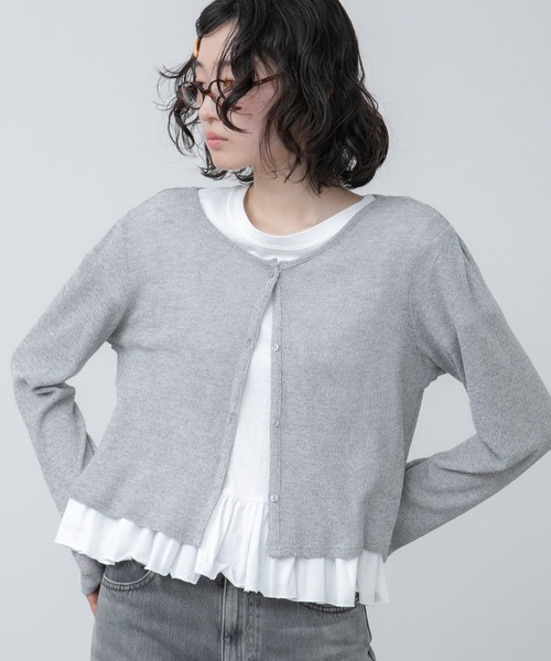 HEILIS（ヘイリス）の「シアーリブメランジカットカーディガン / トップス カーディガン コンパクト 羽織り リネン混 長袖 ショート丈 オフィスカジュアル 紫外線対策 日焼け対策 冷房対策 グレー アイボリー オフホワイト ブルー 春服 秋服 夏服 韓国 シアー（カーディガン/ボレロ・レディース・ブルー/グレー/オフホワイト・FREE）」の14枚目の写真