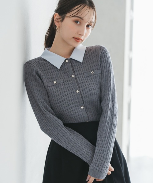 31 Sons de mode（トランテアン　ソン　ドゥ　モード）の「2025秋冬新作 襟付きケーブルカーディガン（カーディガン/ボレロ・レディース・ブラック/グレー/イエロー・ﾌﾘ-）」の2枚目の写真