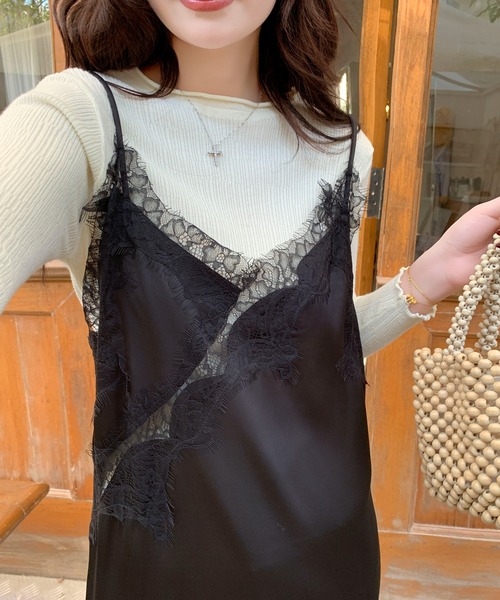 セール】【26年春夏新作】レース切り替えサテンアシンメトリーキャミ