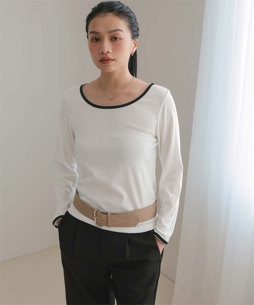 miette(ミエット)の「ピコ刺繍アイレットジャガードトップス(Tシャツ/カットソー・レディース・ネイビー/レッド/グレー/オフホワイト/ライトブルー・S/M/L)」の2枚目の写真