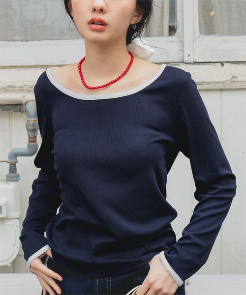 miette(ミエット)の「ピコ刺繍アイレットジャガードトップス(Tシャツ/カットソー・レディース・ネイビー/レッド/グレー/オフホワイト/ライトブルー・S/M/L)」の21枚目の写真