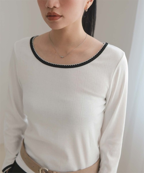 miette(ミエット)の「ピコ刺繍アイレットジャガードトップス(Tシャツ/カットソー・レディース・ネイビー/レッド/グレー/オフホワイト/ライトブルー・S/M/L)」の10枚目の写真