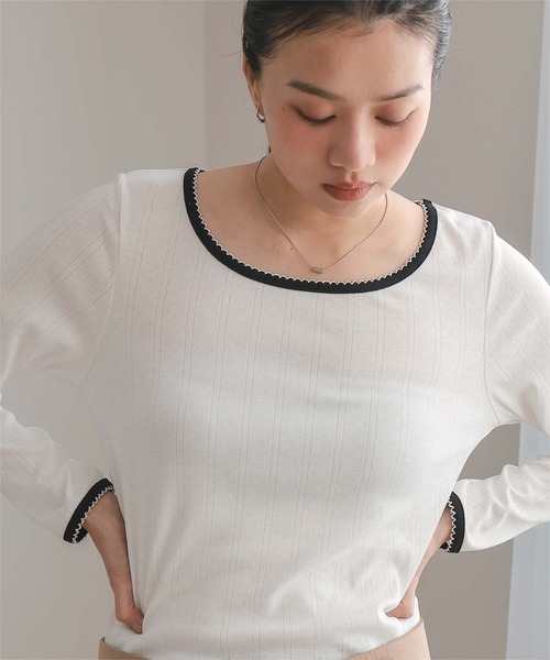 miette(ミエット)の「ピコ刺繍アイレットジャガードトップス(Tシャツ/カットソー・レディース・ネイビー/レッド/グレー/オフホワイト/ライトブルー・S/M/L)」の8枚目の写真