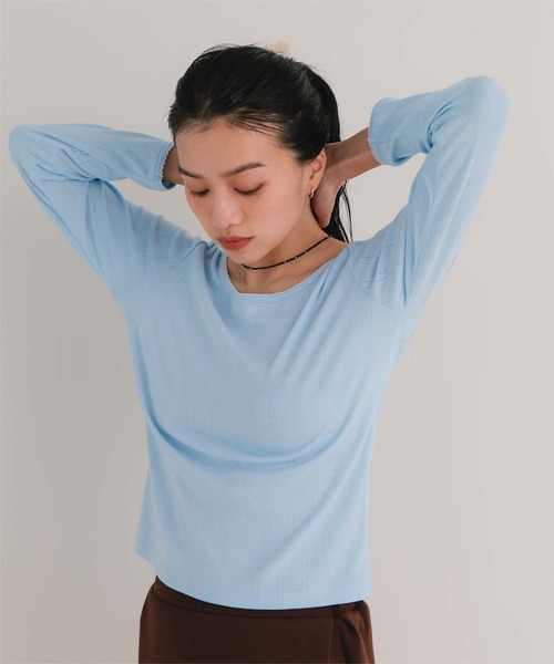 miette(ミエット)の「ピコ刺繍アイレットジャガードトップス(Tシャツ/カットソー・レディース・ネイビー/レッド/グレー/オフホワイト/ライトブルー・S/M/L)」の18枚目の写真