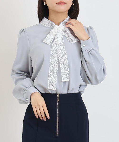 ASTORIA ODIER（アストリアオディール）の「レースリボンタイブラウス（シャツ/ブラウス・レディース・ピンクベージュ/ミント/ホワイト/グレイッシュブルー・MEDIUM）」の6枚目の写真