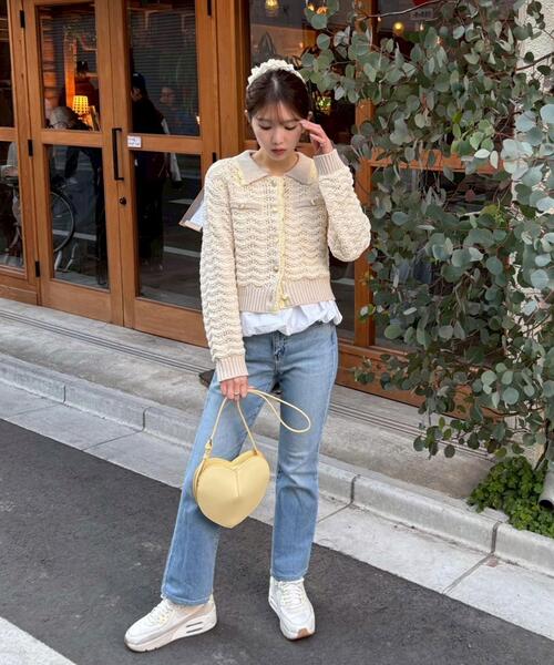 FREE'S MART（フリーズマート）の「◆ミニブークレツィードライク配色ニットカーディガン（ニット/セーター・レディース・ネイビー/ホワイト/ピンク/レッド・FREE）」の6枚目の写真