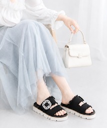 厚底 デニム ビジューバックル サンダル
