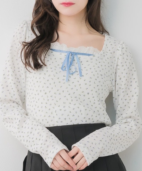 ems excite(エムズエキサイト)の「小花柄ワッフルロンTEE(Tシャツ/カットソー・レディース・ダークグレー/オフホワイト/ピンク・FREE)」の1枚目の写真