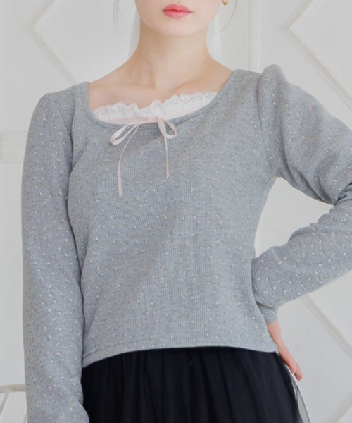 ems excite(エムズエキサイト)の「小花柄ワッフルロンTEE(Tシャツ/カットソー・レディース・ダークグレー/オフホワイト/ピンク・FREE)」の2枚目の写真