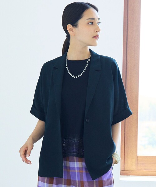 自由区(ジユウク)の「ラスティックメッシュハーフスリーブ ジャケット(テーラードジャケット・レディース・ブラック系/ベージュ系・46/44)」の1枚目の写真
