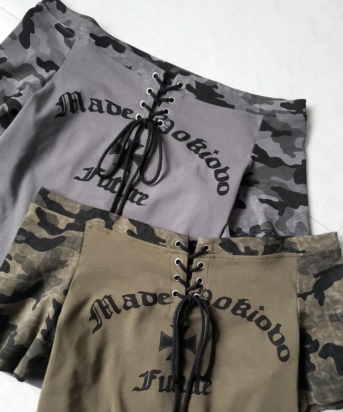 me+em select(ミームセレクト)の「※【 2color 】 半袖ヴィンテージカモフラロゴオフショルTシャツ / short sleeve vintage camouflage logo off-shoulderT-shirt(Tシャツ/カットソー・レディース・カーキ/グレー・FREE)」の6枚目の写真