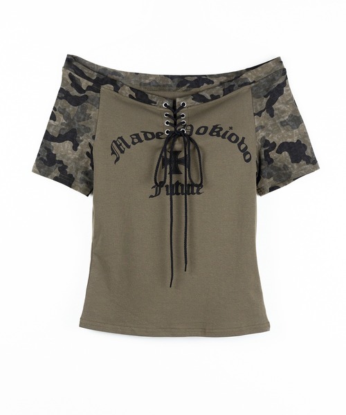 me+em select(ミームセレクト)の「※【 2color 】 半袖ヴィンテージカモフラロゴオフショルTシャツ / short sleeve vintage camouflage logo off-shoulderT-shirt(Tシャツ/カットソー・レディース・カーキ/グレー・FREE)」の5枚目の写真