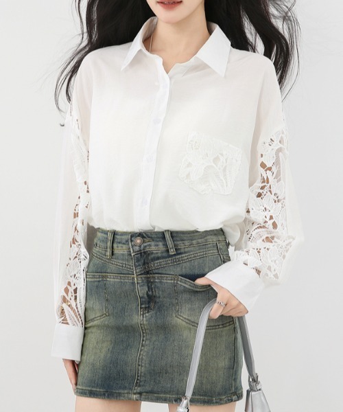 AMAJI(アマジ)の「フレンチヴィンテージ風 レース切替シャツ ゆったり長袖きれいめブラウス(シャツ/ブラウス・レディース・ホワイト・2/1)」の12枚目の写真